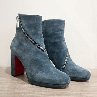 Christian Louboutin Birgitta 100 Suede Wraparound Zip Red Sole Booties Blue 38