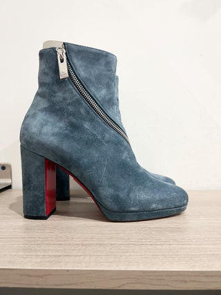Christian Louboutin Birgitta 100 Suede Wraparound Zip Red Sole Booties Blue 38