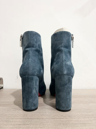 Christian Louboutin Birgitta 100 Suede Wraparound Zip Red Sole Booties Blue 38