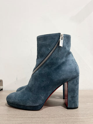 Christian Louboutin Birgitta 100 Suede Wraparound Zip Red Sole Booties Blue 38