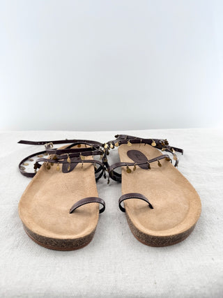 NWOT Johanna Ortiz Serenade Swim Embellished Wrap Strappy Sandals Brown EU 40