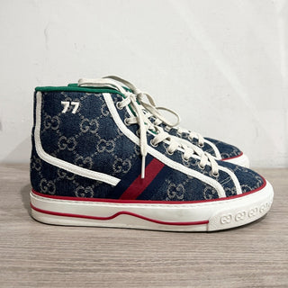 Gucci Tennis 1977 Monogram Logo High Top Sneakers Blue GG Denim Women's EU 36