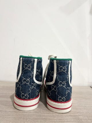 Gucci Tennis 1977 Monogram Logo High Top Sneakers Blue GG Denim Women's EU 36