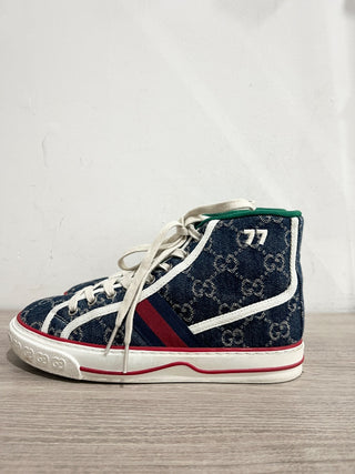 Gucci Tennis 1977 Monogram Logo High Top Sneakers Blue GG Denim Women's EU 36