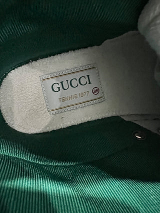 Gucci Tennis 1977 Monogram Logo High Top Sneakers Blue GG Denim Women's EU 36