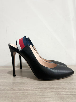 Gucci Sylvie Web Striped Leather Stilettos Slingback Pumps Black Women's EU 39.5