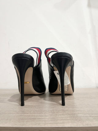 Gucci Sylvie Web Striped Leather Stilettos Slingback Pumps Black Women's EU 39.5
