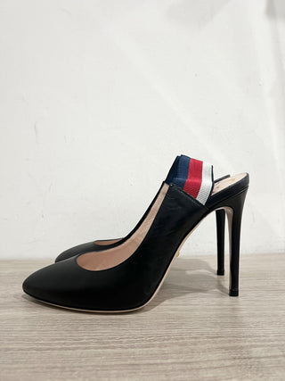 Gucci Sylvie Web Striped Leather Stilettos Slingback Pumps Black Women's EU 39.5
