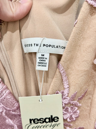 Dress the population Brown Sleeveless Dress w/pink flowers sewn on, Medium