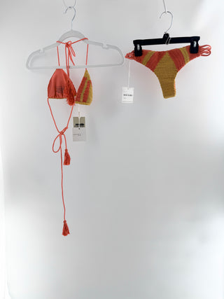 rove swimwear handmade crochet bikini set, features a classic triangle halter top with adjustable ties and tassel accents, paired with matching bottoms, S