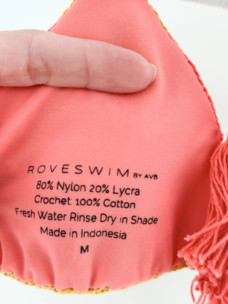 rove swimwear handmade crochet bikini set, features a classic triangle halter top with adjustable ties and tassel accents, paired with matching bottoms, S