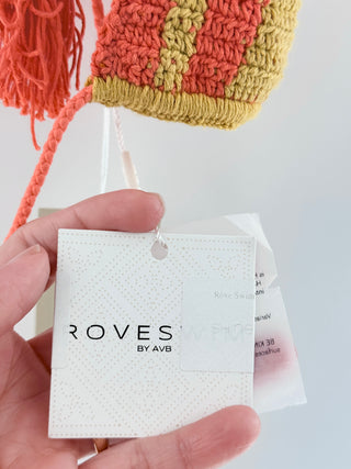 rove swimwear handmade crochet bikini set, features a classic triangle halter top with adjustable ties and tassel accents, paired with matching bottoms, S