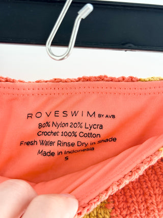rove swimwear handmade crochet bikini set, features a classic triangle halter top with adjustable ties and tassel accents, paired with matching bottoms, S
