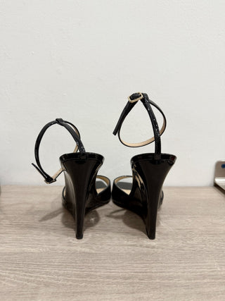 Jimmy Choo Brien 85 Patent Leather Wedge Heel Sandals Black Women's EU 38.5