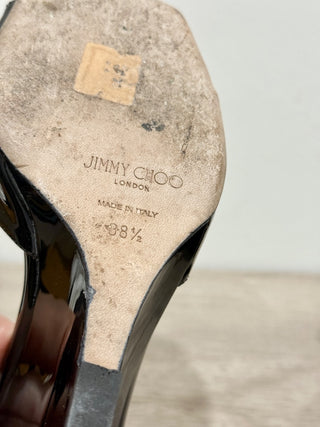 Jimmy Choo Brien 85 Patent Leather Wedge Heel Sandals Black Women's EU 38.5