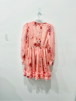NWT Anne Louise Boutique Floral Long Sleeve Ruffle Trim Mini Dress Pink Womens 4