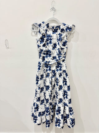 NWT Anne Louise Boutique Gardenia Floral Ruffled A-Line Midi Dress Blue/White 2