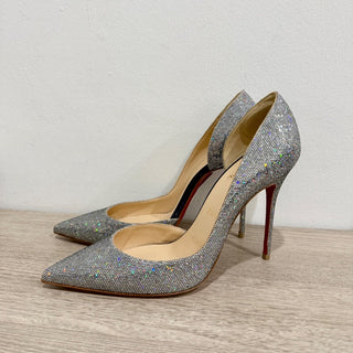 Christian Louboutin Iriza 100 Glitter Heel d'Orsay Stilettos Pumps Silver EU 39