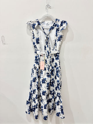 NWT Anne Louise Boutique Gardenia Floral Ruffled A-Line Midi Dress Blue/White 2