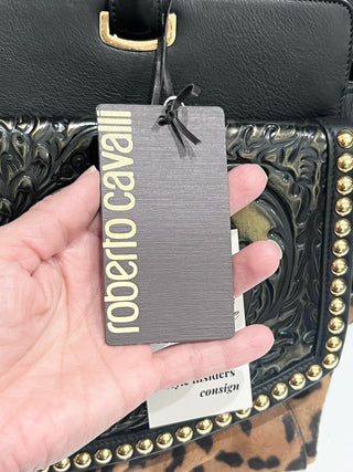 Roberto Cavalli leather trim ponyhair top handle large bag