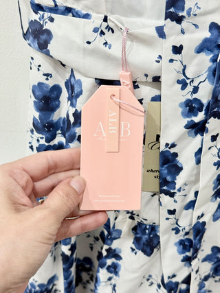 NWT Anne Louise Boutique Gardenia Floral Ruffled A-Line Midi Dress Blue/White 2