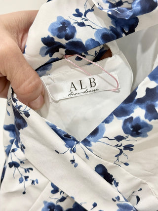 NWT Anne Louise Boutique Gardenia Floral Ruffled A-Line Midi Dress Blue/White 2