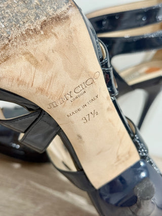 Jimmy Choo Patent Leather Caged Strappy High Heels Navy Blue Women's EU 37.5