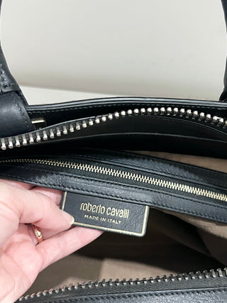 Roberto Cavalli leather trim ponyhair top handle large bag