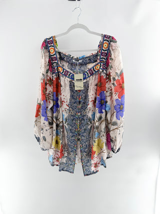 Johnny Was wide neckline flowy floral silk blouse, XXL