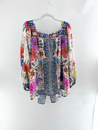 Johnny Was wide neckline flowy floral silk blouse, XXL