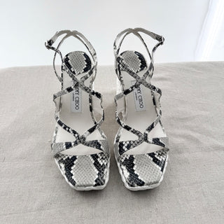 Jimmy Choo Ayla Snakeskin Leather Strappy Platform Wedge Sandals White Black 7.5