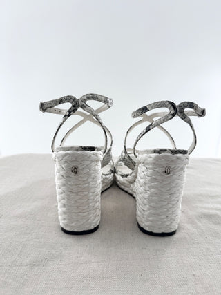 Jimmy Choo Ayla Snakeskin Leather Strappy Platform Wedge Sandals White Black 7.5