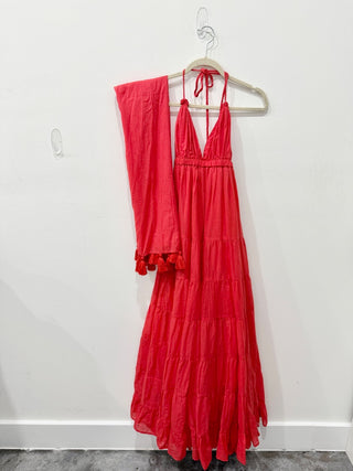 Lola Bohemian Halter Maxi Dress with Large Fringe Scarf Coral Red Women's Size S