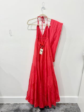 Lola Bohemian Halter Maxi Dress with Large Fringe Scarf Coral Red Women's Size S