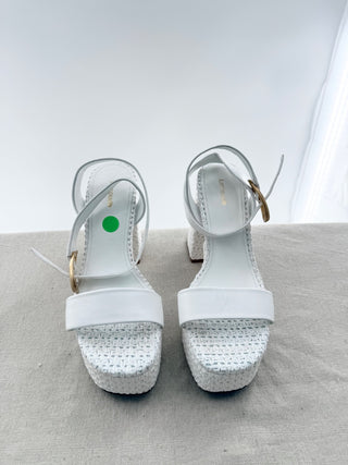 Larroude Raffia Leather Ankle Strap Block Heel Platform Sandals White US 9.5