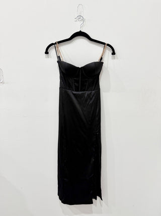 NWT Meshki Talissa Chain Strap Slit Corset Cocktail Formal Midi Dress Black XS