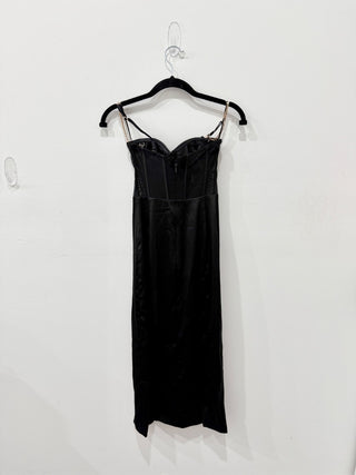 NWT Meshki Talissa Chain Strap Slit Corset Cocktail Formal Midi Dress Black XS