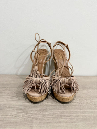 Aquazzura Wild One Suede Cork Tassel Wedge Sandals Vintage Pink Women's EU 39