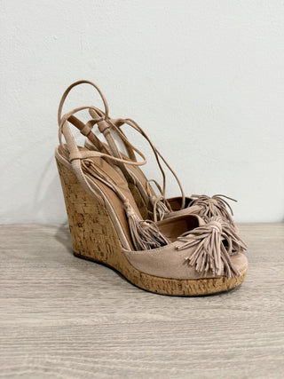 Aquazzura Wild One Suede Cork Tassel Wedge Sandals Vintage Pink Women's EU 39