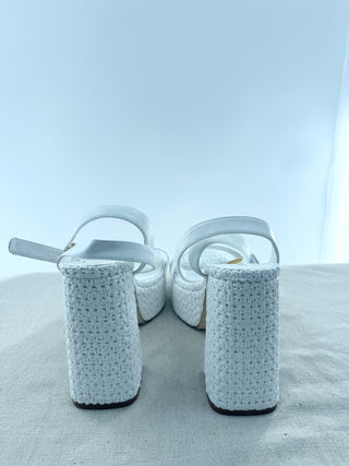 Larroude Raffia Leather Ankle Strap Block Heel Platform Sandals White US 9.5