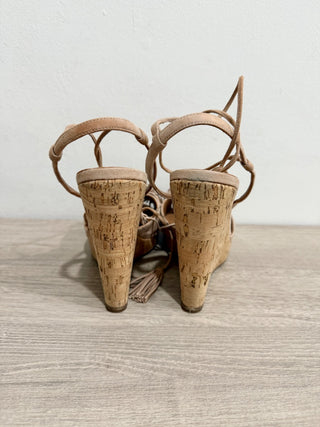 Aquazzura Wild One Suede Cork Tassel Wedge Sandals Vintage Pink Women's EU 39