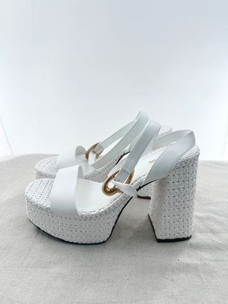 Larroude Raffia Leather Ankle Strap Block Heel Platform Sandals White US 9.5