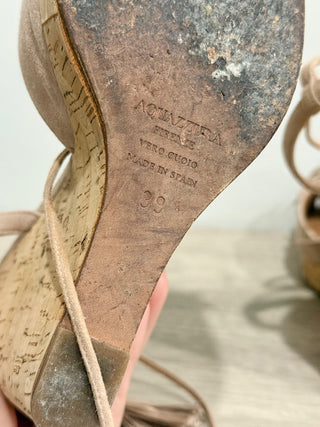 Aquazzura Wild One Suede Cork Tassel Wedge Sandals Vintage Pink Women's EU 39
