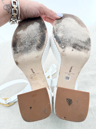 Larroude Raffia Leather Ankle Strap Block Heel Platform Sandals White US 9.5