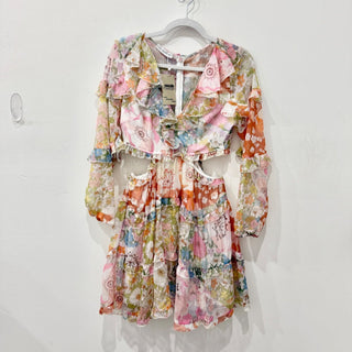 D'elle Collection Floral 3/4 Sleeve Cut Out Ruffle Mini Dress Multi Women's M