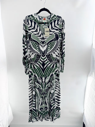 Farm Rio pattern maxi dress long sleeve with front zipper, M