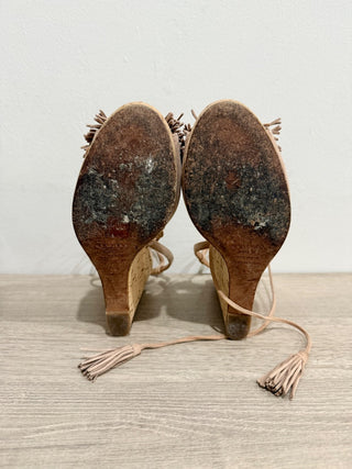 Aquazzura Wild One Suede Cork Tassel Wedge Sandals Vintage Pink Women's EU 39