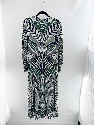 Farm Rio pattern maxi dress long sleeve with front zipper, M