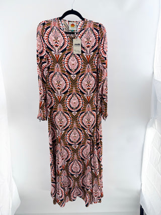 Farm Rio pattern maxi dress long sleeve with front zipper, M