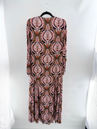Farm Rio pattern maxi dress long sleeve with front zipper, M